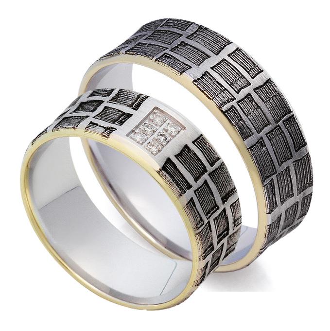 Обручальные дизайнерские кольца из белого и желтого золота 585 пробы с черным родием и 6 бриллиантами весом 0,06 карат, артикул R-St111