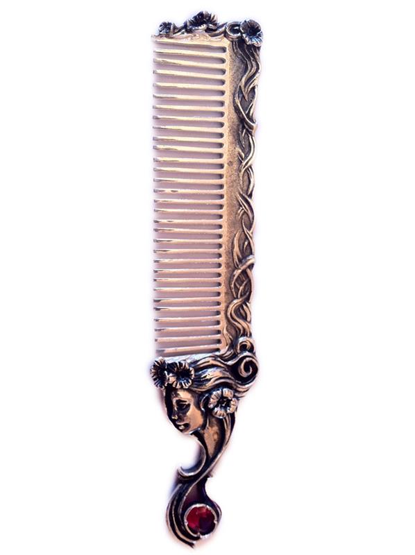 Серебряная расчёска для волос с гранатом из коллекции Красавица, артикул R-004