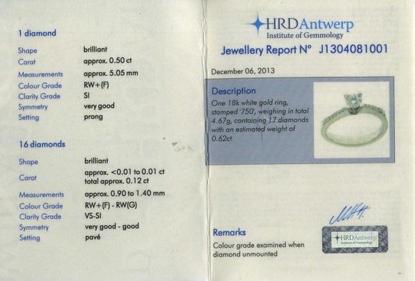 Помолвочное кольцо с 16 бриллиантами 0,65 ct  (центр 1 бриллиант 0,50 ct 3/6 по бокам 16 бриллиантов 0,15 ct 3/5) белое золото сертификат HRD