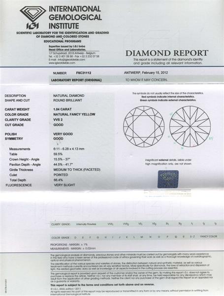 Помолвочное кольцо с 1 желтым бриллиантом 1,04 ct фэнтази/3 F6C3113  1,04 fancy/VVS2, центр (48 бриллиантов 0,85 ct3/4) белое золото  750° сертификат IGI