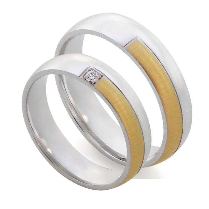 Обручальные парные кольца с бриллиантом из белого и жёлтого золота 585 пробы, артикул R-Е1029