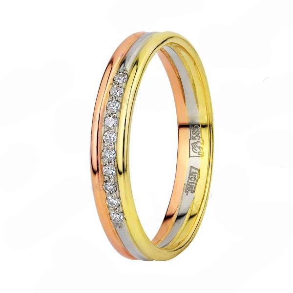 Обручальное кольцо с 10 бриллиантами 0,087 ct с 4/5 из трёхцветного золота, артикул R-Ко 003
