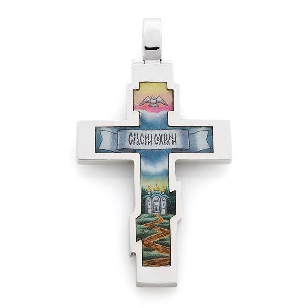 Нательный православный крест  с художественной росписью эмалью и 17 бриллиантами 0,17 ct 4/5 из белого золота