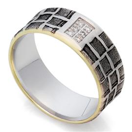 Обручальное дизайнерское кольцо из белого и желтого золота 585 пробы с черным родием и 6 бриллиантами весом 0,06 карат, артикул R-St111b