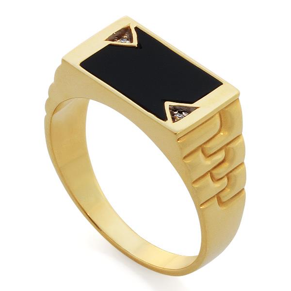Мужское кольцо с 2 бриллиантами 0,01 ct 3/6 и ониксом из желтого золота, артикул R-6452