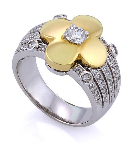 Кольцо из белого и желтого золота 750 пробы, с 60 бриллиантами 0,56 карат и 1 бриллиант 0,38 карат, артикул R-СА318