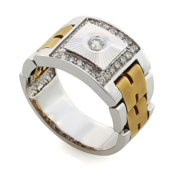 Мужское кольцо с 1 бриллиантом 0,11 ct 4/5 и 24 бриллиантами 0,34 ct 4/5 из желтого и белого золота, артикул R-ИМ 101-12
