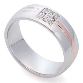 Классическое обручальное кольцо из белого золота с полоской в центре из розового золота 585 пробы с 9 бриллиантами 0,05 карат, артикул R-St025b
