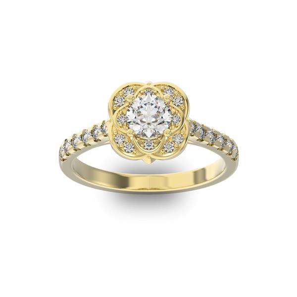 Помолвочное кольцо с 1 бриллиантом 0,45 ct 4/5  и 24 бриллиантами 0,29 ct 4/5 из желтого золота 585°