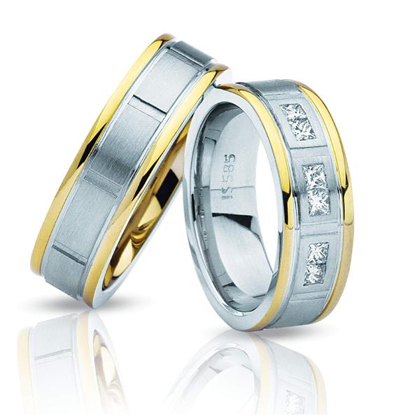 Обручальные кольца парные дизайнерские белое и желтое золото, артикул R-ТС 3299