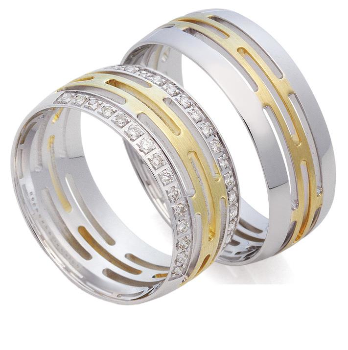 Оригинальные обручальные кольца из белого и желтого золота 585 пробы с 30 бриллиантами весом 0,12 карат, артикул R-St024