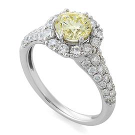 Помолвочное кольцо с 1 желтым бриллиантом 1,04 ct фэнтази/3 F6C3113  1,04 fancy/VVS2, центр (48 бриллиантов 0,85 ct3/4) белое золото  750° сертификат IGI, артикул R-ROO8817-2