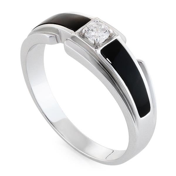 Мужское кольцо с 1 бриллиантом 0,19 ct 3/4 и ониксом из белого золота, артикул R-38-2-DN-R-314742 