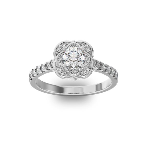 Помолвочное кольцо с 1 бриллиантом 0,45 ct 4/5  и 24 бриллиантами 0,29 ct 4/5 из белого золота 585°