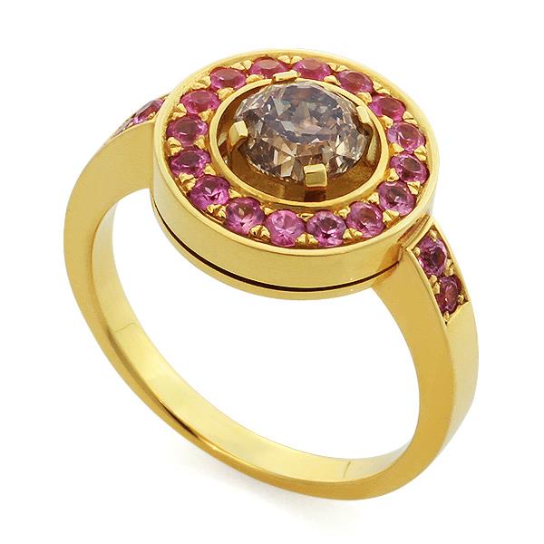 Кольцо с 1 бриллиантом фэнтези 1,07 и 20 розовыми сапфирами 0,58 ct из желтого золота