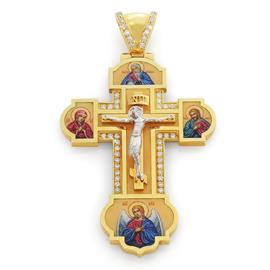 Нательный православный крест с художественной росписью эмалью и 48 бриллиантами 0,39 ct 4/4 из желтого золота, артикул R-КРЭ 0001