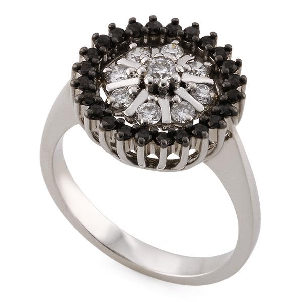 Помолвочное кольцо из белого золота 750 пробы с 1 бриллиантом 0,08 карат, 8 бриллиантами 0,29 карат и 24 черными бриллиантами 0,30 карат, артикул R-DRN08771-05