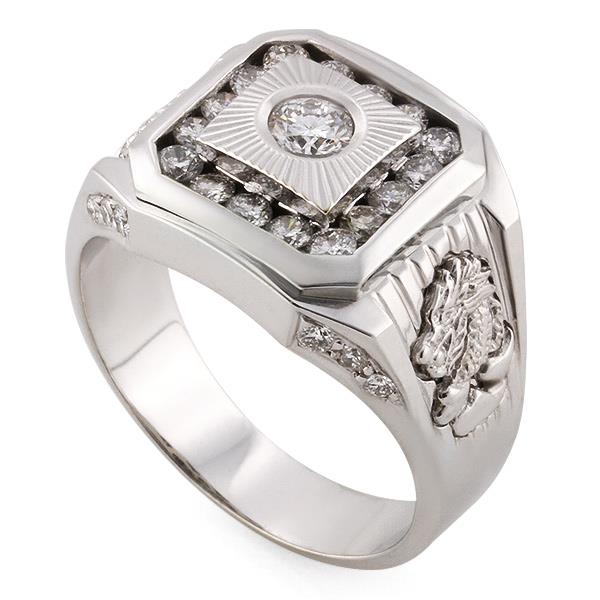 Мужское кольцо с 1 бриллиантом 0,19 ct 3/5, 16 бриллиантами 0,55 ct 5/5 и 12 бриллиантами 0,16 ct 5/5 из белого золота 750°, артикул R-DRN08987-01