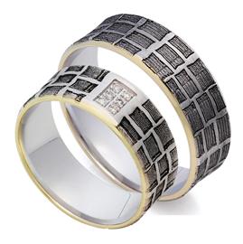 Обручальные дизайнерские кольца из белого и желтого золота 585 пробы с черным родием и 6 бриллиантами весом 0,06 карат, артикул R-St111