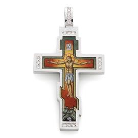 Нательный православный крест  с художественной росписью эмалью и 17 бриллиантами 0,17 ct 4/5 из белого золота, артикул R-КРЭ0007-2