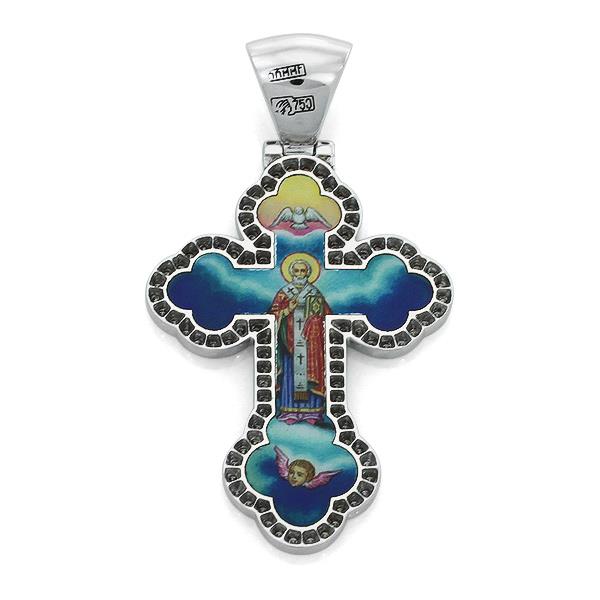 Нательный православный крест  с художественной росписью эмалью и 100 бриллиантами 0,4 ct 4/4 из белого золота