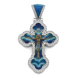 Нательный православный крест  с художественной росписью эмалью и 100 бриллиантами 0,4 ct 4/4 из белого золота, артикул R-КРЭ 0005