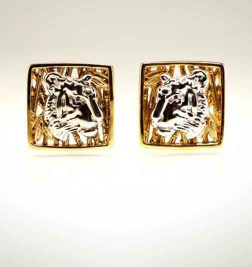 Запонки Тигры из серебра 925 пробы с гальваническим покрытием родием и золотом