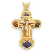 Нательный православный крест с художественной росписью эмалью и 48 бриллиантами 0,39 ct 4/4 из желтого золота
